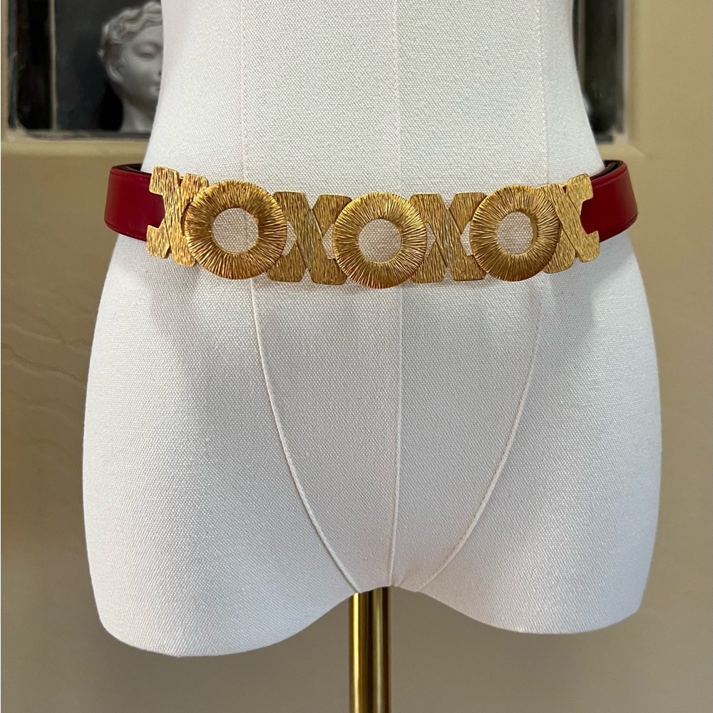 Vintage St John 90s Belt Gold XOXO Belt Buckle on Red Belt